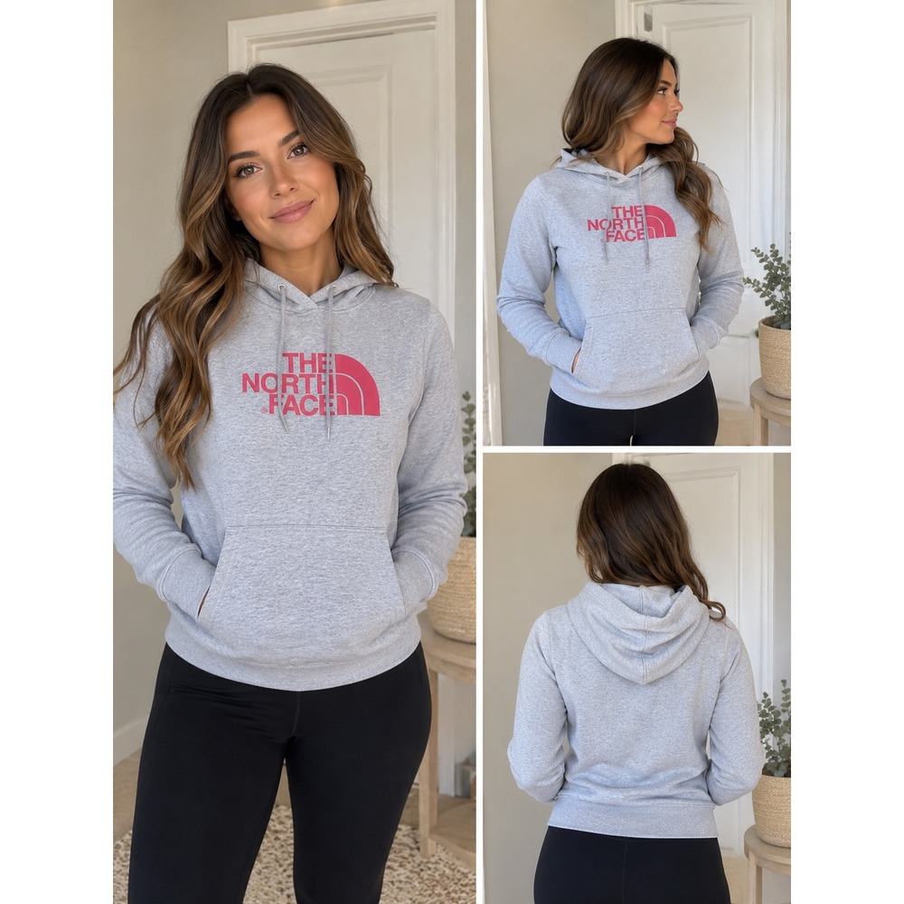 The North Face Womens Gray Pink Logo Pullover Hoodie Sweatshirt Large